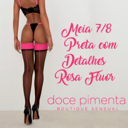 Meia 7/8 Preta com Detalhes em Rosa Fluor